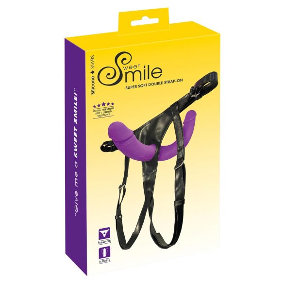 SMILE - Doppel-Dildo mit Riemen (Lila-Schwarz)