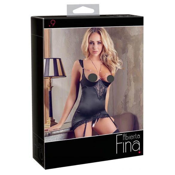 Abierta Fina - Glänzendes Ketten-Set aus Top & String (Schwarz) - 85C/XL