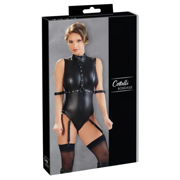 Cottelli Bondage - Ärmelloser Glanzbody mit Handfesseln (Schwarz) - L