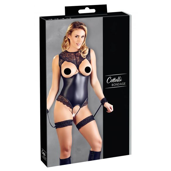 Cottelli Bondage - Glänzender offener Body mit Handfesseln (schwarz) - M